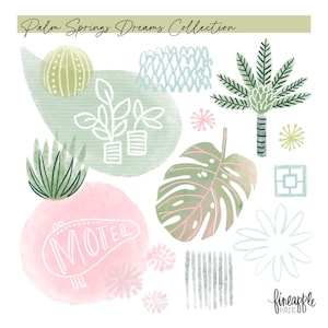 May include: Watercolor illustration with a Palm Springs theme. Features a pink and green color palette with botanical elements like a palm tree, monstera leaf, and cactus. Includes the word "MOTEL" and the text "Palm Springs Dreams Collection".