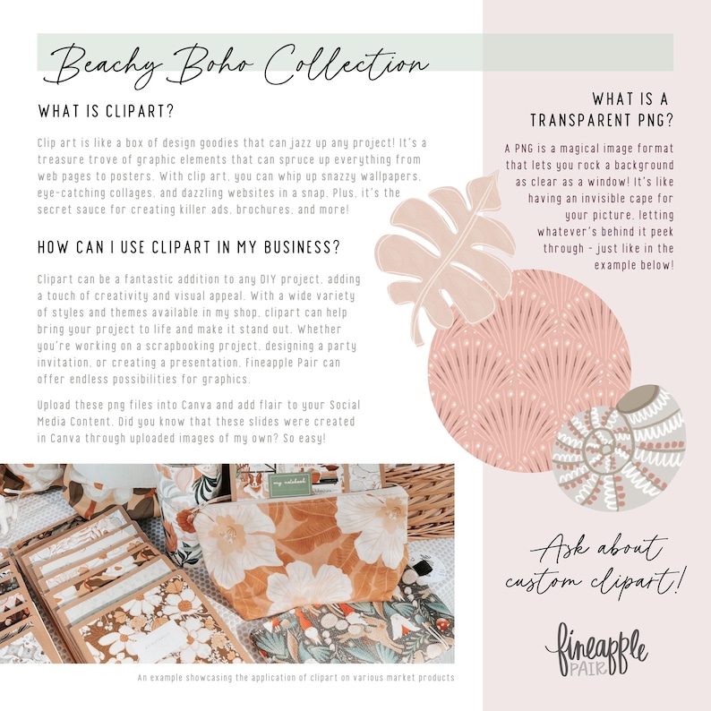 May include: A promotional image for the "Beachy Boho Collection" featuring clipart. The image includes text explaining clipart and transparent PNGs, with examples of how to use them. Decorative elements include a leaf and seashell design.