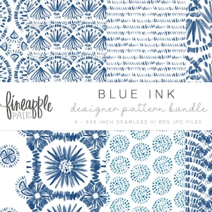 Blauwe en witte digitale patronen, aquareltegelpatroon, inktpatronen, digitaal patroon, DH
