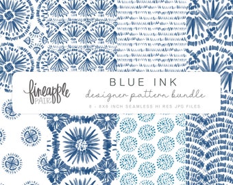 Blue and white digital patterns, watercolour tile pattern, ink patterns, digital pattern, DH