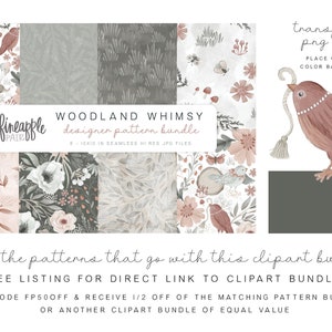 May include: Woodland Whimsy designer pattern bundle featuring 8 seamless digital patterns in high resolution JPG files. The patterns feature a whimsical woodland theme with floral, leaf, and bird motifs in shades of pink, gray, and white.