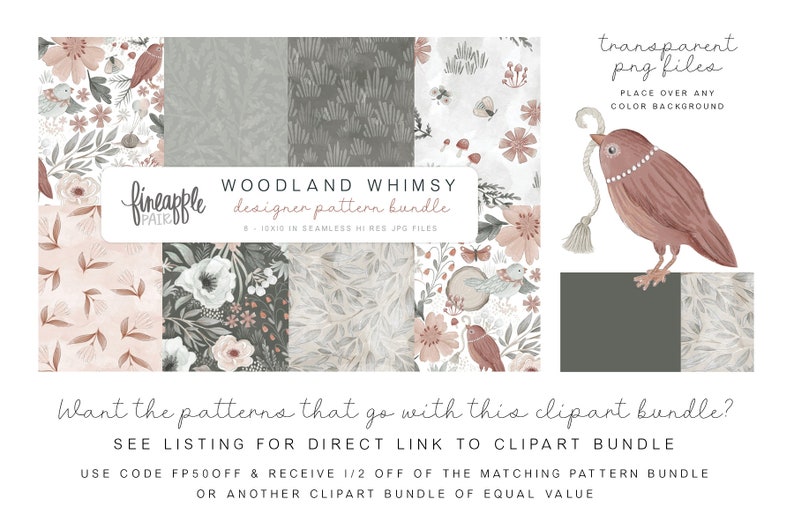 May include: Woodland Whimsy designer pattern bundle featuring 8 seamless digital patterns in high resolution JPG files. The patterns feature a whimsical woodland theme with floral, leaf, and bird motifs in shades of pink, gray, and white.