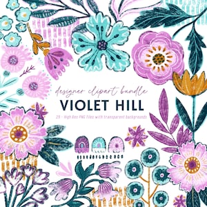 May include: A digital clipart bundle titled "VIOLET HILL" featuring a variety of hand-drawn floral designs in shades of pink, teal, and purple. The image includes text indicating 29 high-resolution PNG files with transparent backgrounds.