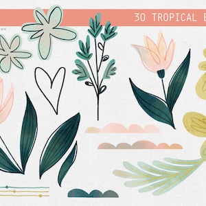 May include: A set of 30 tropical elements, including flowers, leaves, and hearts. The flowers are in shades of pink, yellow, and green, and the leaves are in shades of green. The hearts are black and white. The elements are perfect for adding a touch of tropical flair to your designs.