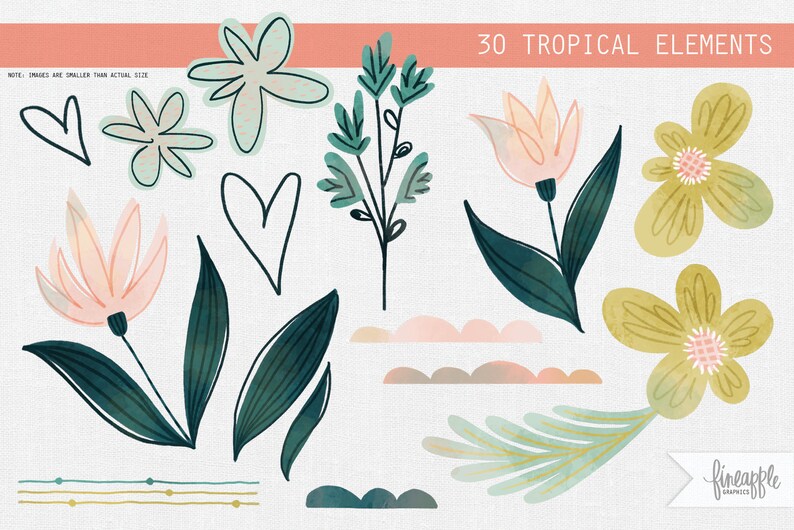 May include: A set of 30 tropical elements, including flowers, leaves, and hearts. The flowers are in shades of pink, yellow, and green, and the leaves are in shades of green. The hearts are black and white. The elements are perfect for adding a touch of tropical flair to your designs.