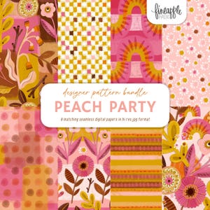 Puede incluir: Un conjunto de ocho papeles digitales sin costuras con patrones florales y geométricos en tonos rosa, melocotón, amarillo y marrón. Los diseños incluyen flores, lunares y cuadros. El texto "PEACH PARTY" aparece en una pancarta blanca.