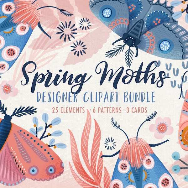 Moth Clipart, Moth Digital Paper, Moth Garden Graphics, Pink Moth Clipart, Moth Repeat Pattern, Spring Moths, DH
