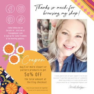 May include: A promotional graphic with a smiling woman and text. The text includes "Thanks so much for browsing my shop!" and a coupon offer: buy 5 or more clipart or pattern products & get 50% OFF. Social media icons are also present.