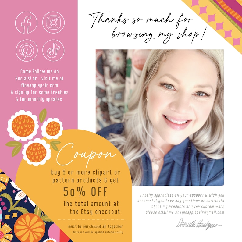 May include: A promotional graphic with a smiling woman and text. The text includes "Thanks so much for browsing my shop!" and a coupon offer: buy 5 or more clipart or pattern products & get 50% OFF. Social media icons are also present.