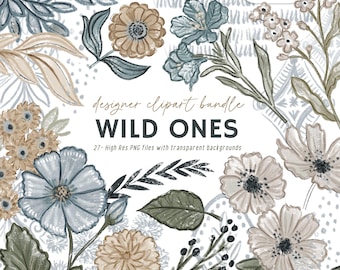 May include: A set of 27 digital illustrations of hand-painted flowers in blue, brown, and beige tones. The flowers are arranged in a whimsical pattern and have a vintage aesthetic. The text "designer clipart bundle WILD ONES" is included in the image.