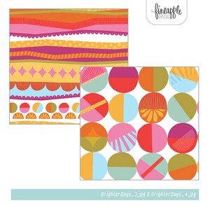 May include: Two colorful abstract patterns. One features horizontal bands of orange, pink, yellow, and green. The other showcases a grid of circles in various colors and designs, including red, pink, and blue. The text "Brighter Days_3.jpg & BrighterDays_4.jpg" is at the bottom.