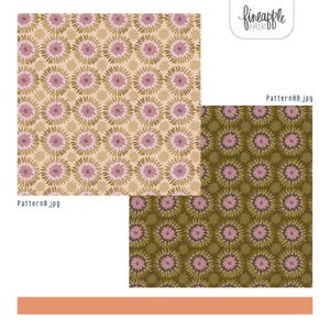 Puede incluir: Dos muestras de tela con estampados florales. Una muestra presenta un fondo rosa claro con flores doradas y moradas. La otra muestra tiene un fondo verde oliva oscuro con flores moradas y doradas. El texto "Pattern8.jpg" y "Pattern8B.jpg" es visible.
