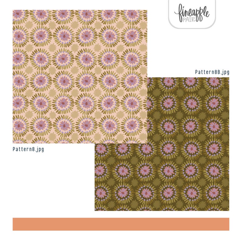 Puede incluir: Dos muestras de tela con estampados florales. Una muestra presenta un fondo rosa claro con flores doradas y moradas. La otra muestra tiene un fondo verde oliva oscuro con flores moradas y doradas. El texto "Pattern8.jpg" y "Pattern8B.jpg" es visible.