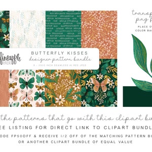 May include: A digital download bundle of 8 seamless pattern designs featuring butterflies, flowers, and foliage in shades of green, brown, and pink. The patterns are 10x10 inches and are high resolution JPG files. The text "BUTTERFLY KISSES designer pattern bundle" is displayed in a handwritten font.