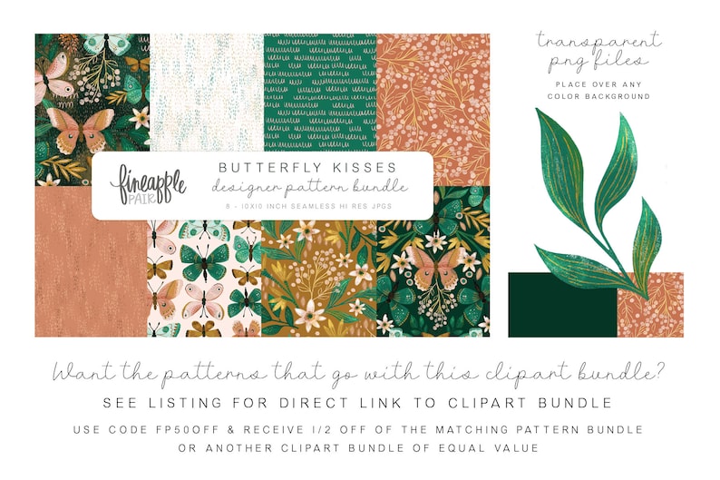 May include: A digital download bundle of 8 seamless pattern designs featuring butterflies, flowers, and foliage in shades of green, brown, and pink. The patterns are 10x10 inches and are high resolution JPG files. The text "BUTTERFLY KISSES designer pattern bundle" is displayed in a handwritten font.