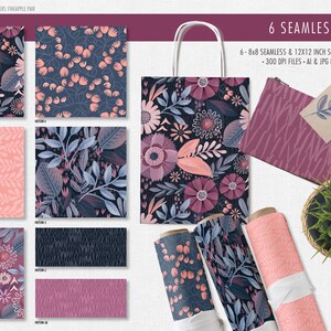 May include: Six seamless patterns featuring floral designs in shades of pink, purple, and blue. The patterns are displayed on a white background with a shopping bag, a makeup bag, and a potted plant.