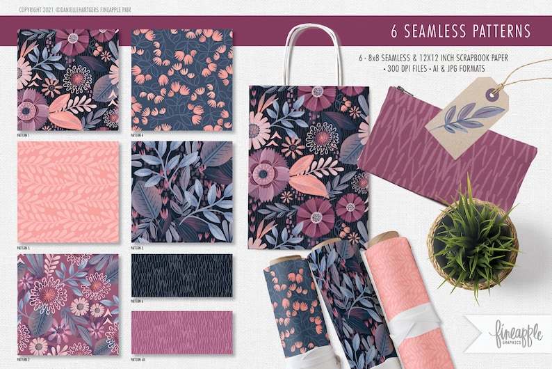 May include: Six seamless patterns featuring floral designs in shades of pink, purple, and blue. The patterns are displayed on a white background with a shopping bag, a makeup bag, and a potted plant.