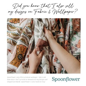 May include: A selection of patterned fabrics and wallpaper are displayed, with hands holding the textiles. The fabrics feature floral and geometric designs in shades of brown, green, and pink. Text reads: "Did you know that I also sell my designs on Fabric & Wallpaper?"