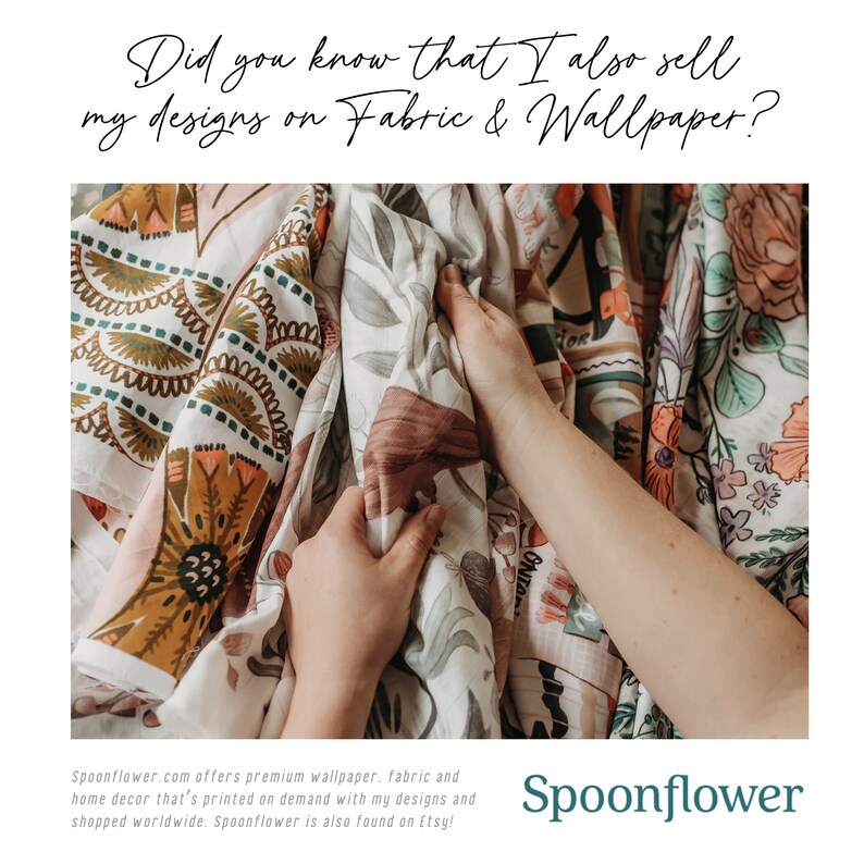 May include: A selection of patterned fabrics and wallpaper are displayed, with hands holding the textiles. The fabrics feature floral and geometric designs in shades of brown, green, and pink. Text reads: "Did you know that I also sell my designs on Fabric & Wallpaper?"