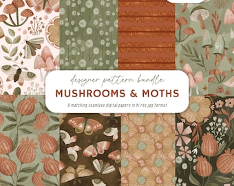 Mushroom Digital Paper Bundle, Cottagecore Seamless Patterns, Moths Floral Forest Papers, Scrapbook Paper, Junk Journal PNG
