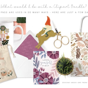 May include: A collection of digital clipart illustrations featuring a variety of designs, including a gnome, a rabbit, a mug with floral designs, a bag with a bunny, a card with floral designs and the text "Love yourself first", and a bag with a woodland animal pattern.
