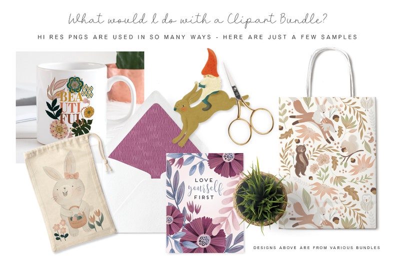 May include: A collection of digital clipart illustrations featuring a variety of designs, including a gnome, a rabbit, a mug with floral designs, a bag with a bunny, a card with floral designs and the text "Love yourself first", and a bag with a woodland animal pattern.