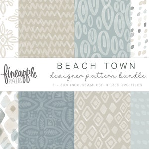 May include: A set of eight 8x8 inch seamless digital patterns in a beach town theme. The patterns feature a variety of geometric shapes, dots, and lines in shades of blue, gray, and beige.