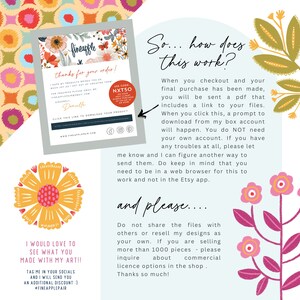 May include: A digital download thank you card from Fineapple, featuring floral designs and the text "thanks for your order!" and "I would love to see what you made with my art!!" Instructions on how to download the product are included.