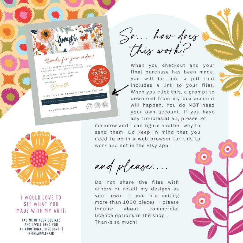 May include: A digital download thank you card from Fineapple, featuring floral designs and the text "thanks for your order!" and "I would love to see what you made with my art!!" Instructions on how to download the product are included.