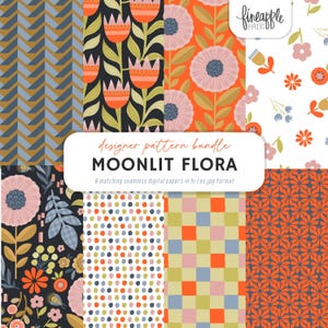 May include: A digital pattern bundle titled MOONLIT FLORA by fineapple pair, featuring eight seamless designs including chevron, floral, polka dot, and checkered patterns in orange, blue, pink, and white colors for high resolution use.