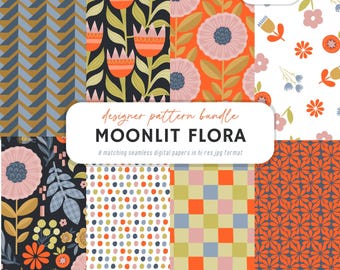 Moonlit Flora Digital Paper | Scandinavian Seamless Patterns | Folk Art Floral | Mid Century Retro Pattern Bundle