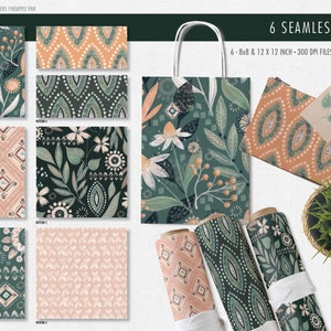May include: An assortment of six seamless patterns in a botanical theme, featuring floral and geometric designs in shades of green, peach, and white. The image includes a tote bag, gift tag, and rolled fabric, all showcasing the patterns. Text reads "6 Seamless Patterns".