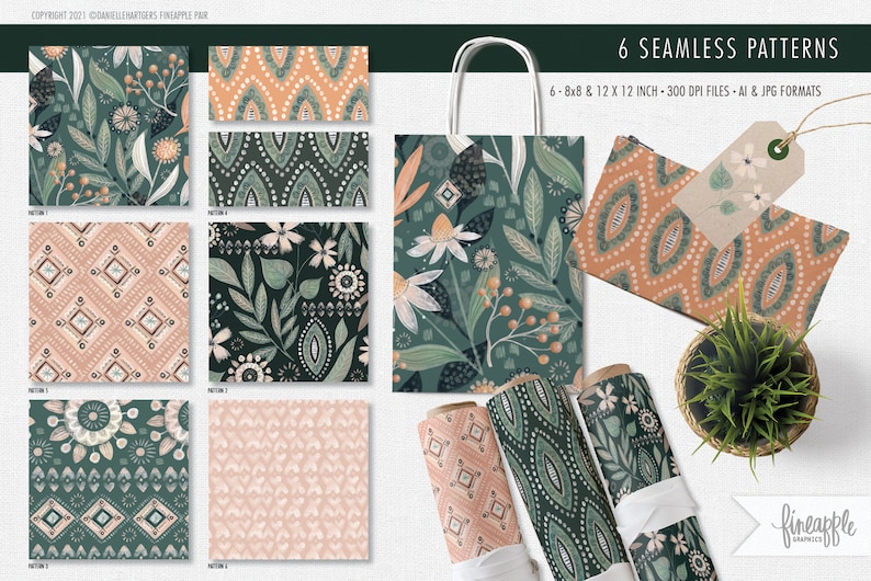 May include: An assortment of six seamless patterns in a botanical theme, featuring floral and geometric designs in shades of green, peach, and white. The image includes a tote bag, gift tag, and rolled fabric, all showcasing the patterns. Text reads "6 Seamless Patterns".