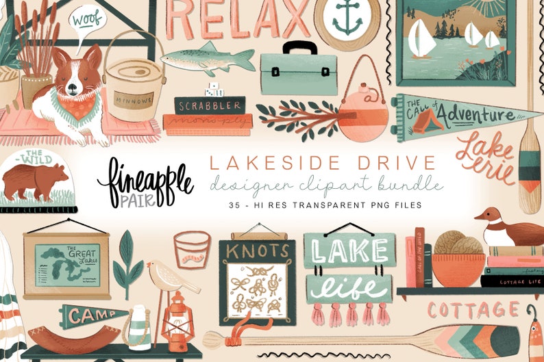 May include: A set of 35 digital clipart illustrations featuring a lakeside theme. The illustrations are in a hand-painted style and include images of a dog, a fish, a boat, a cabin, a campfire, a lake, a forest, a sign that says "Relax", a sign that says "Lake Life", a sign that says "Knots", a sign that says "The Call of Adventure", a sign that says "Lake Erie", a sign that says "The Great Lakes", a sign that says "Camp", a sign that says "Cottage", a bucket, a lantern, a paddle, a book, a bird, a tree, and a bear. The illustrations are perfect for creating invitations, cards, scrapbook pages, and other craft projects.