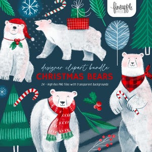 May include: A digital clipart bundle featuring illustrated polar bears with Christmas themes. The bears are depicted with festive accessories like Santa hats, scarves, and candy canes. The text reads "CHRISTMAS BEARS" and "24 - High Res PNG files with transparent backgrounds."