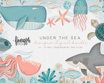 Ocean Animals Clipart, Sea Life Graphics (Digital Download)