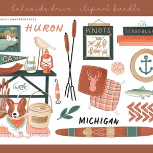 May include: A set of digital clipart illustrations featuring a lakeside theme. The illustrations include a wooden canoe paddle, a fish, a camp sign, a lantern, a dog, a bucket, a bird, a wooden sign with the word "HURON" on it, a wooden sign with the word "KNOTS" on it, a wooden sign with the word "SCRABBLER" on it, a wooden sign with an anchor on it, a wooden sign with the word "SUPERIOR" on it, a wooden sign with the word "MICHIGAN" on it, and a variety of other lake-themed elements.