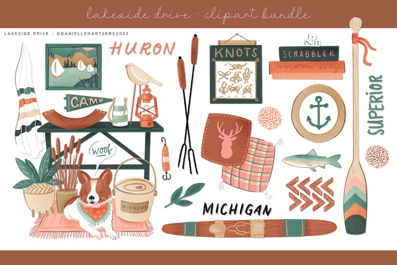 May include: A set of digital clipart illustrations featuring a lakeside theme. The illustrations include a wooden canoe paddle, a fish, a camp sign, a lantern, a dog, a bucket, a bird, a wooden sign with the word "HURON" on it, a wooden sign with the word "KNOTS" on it, a wooden sign with the word "SCRABBLER" on it, a wooden sign with an anchor on it, a wooden sign with the word "SUPERIOR" on it, a wooden sign with the word "MICHIGAN" on it, and a variety of other lake-themed elements.