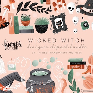 Peut inclure: Un ensemble de 34 illustrations numériques clipart sur le thème de la sorcière fantaisiste. Les illustrations comprennent un chapeau de sorcière, un chaudron, un balai, des fioles de potion, des citrouilles et d'autres éléments sur le thème d'Halloween. Les illustrations sont dans un style cartoon avec des couleurs vives et des détails amusants.