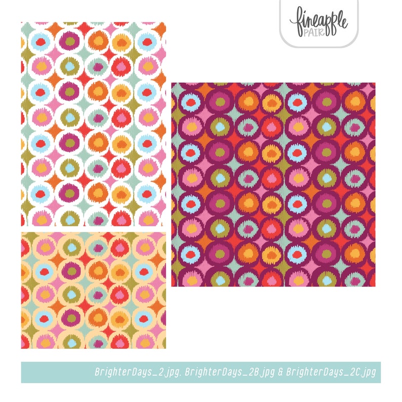 May include: Three fabric patterns with a repeating circle design. The circles are composed of colorful, textured shapes in shades of orange, pink, green, blue, and yellow. The patterns are displayed on a white background.