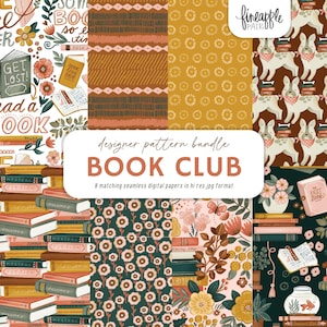 May include: A designer pattern bundle titled "BOOK CLUB" featuring eight seamless digital papers. The papers showcase various book-themed designs, including stacks of books, floral arrangements, and repeating patterns with dogs and flowers.