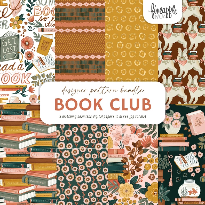 Book Club Clipart: Bookish Patterns, Library Seamless Jpgs, Teacher ...