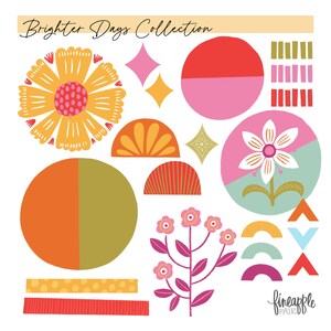 May include: A collection of colorful, abstract floral and geometric designs in shades of orange, pink, yellow, and green. The text "Brighter Days Collection" is at the top. The designs include flowers, circles, and starburst shapes. The "fineapple pair" logo is at the bottom.