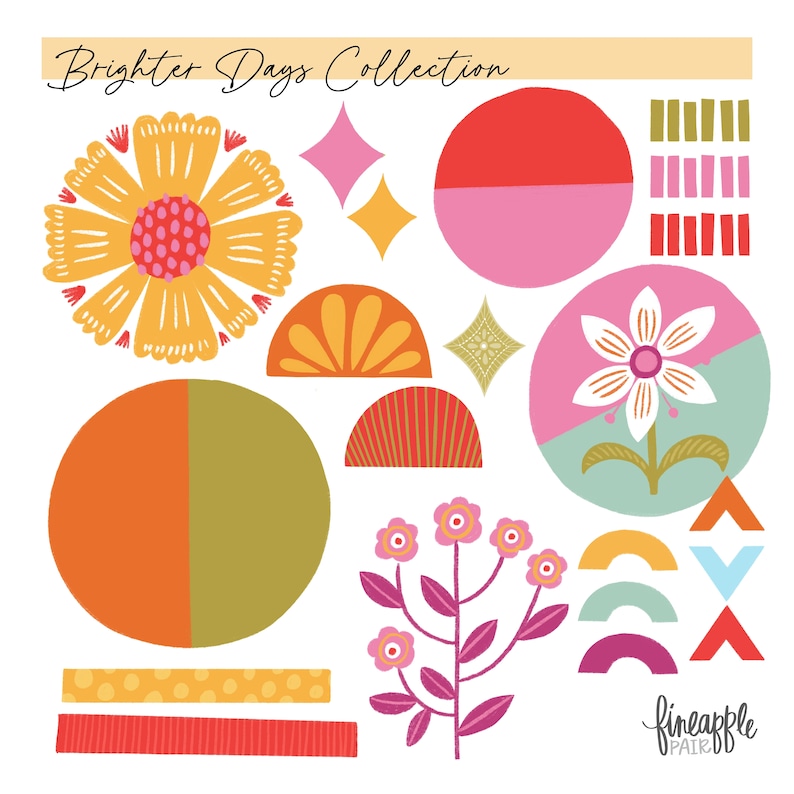 May include: A collection of colorful, abstract floral and geometric designs in shades of orange, pink, yellow, and green. The text "Brighter Days Collection" is at the top. The designs include flowers, circles, and starburst shapes. The "fineapple pair" logo is at the bottom.
