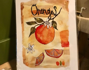 Oranges Art Print - Kitchen Art - Water Colour Illustration - Kitchen Oranges Wall Art