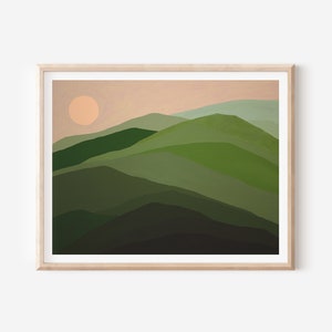 Green Mountain Range Art Print, Modern Abstract Landscape Wall Art, Rose Gold Sunset, Neutral Wall Decor