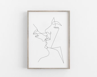 Printable One Line Kissing Couple Kiss Lips Abstract Modern Art