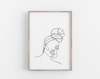 One Line Abstract Portrait African Woman Minimalistic Portrait - Bun