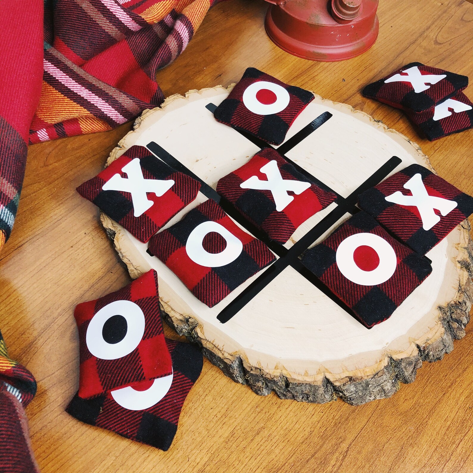 Tic Tac Toe Flannel Bean Bag Toss Classic Rustic Cabin Tabletop Game