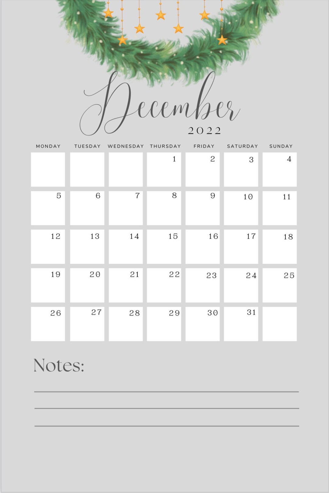 Printable December 2022 Monthly Planner, December Monthly Calender Etsy